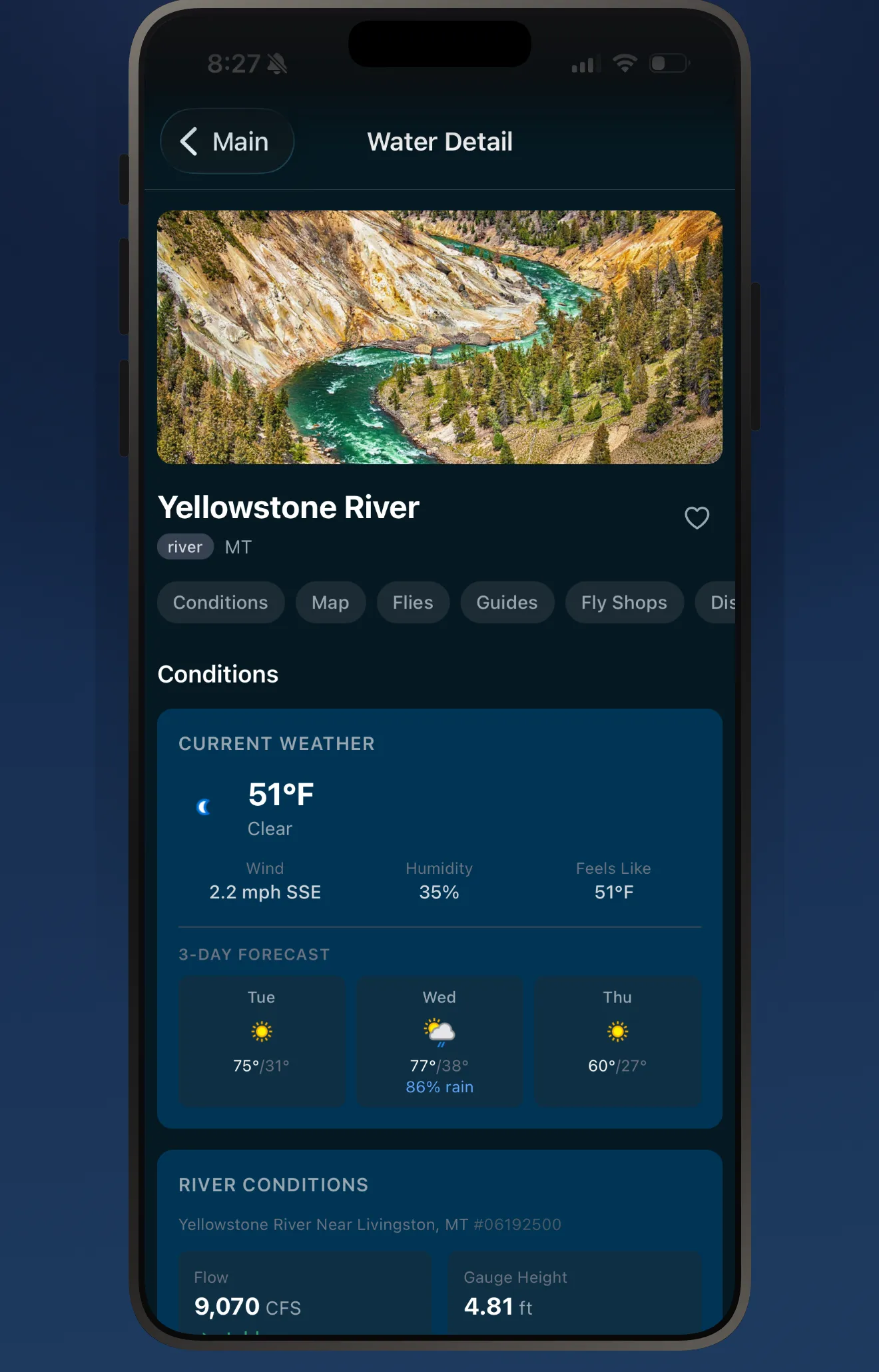 Fishbums river conditions screen