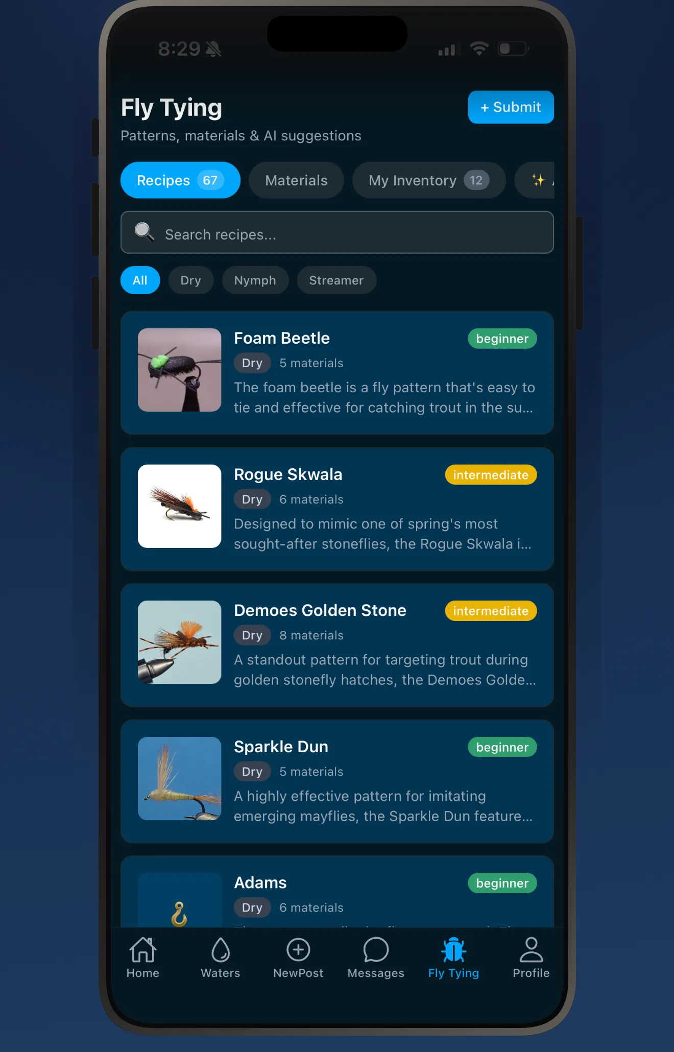 Fishbums fly tying recipe list with pattern difficulty badges