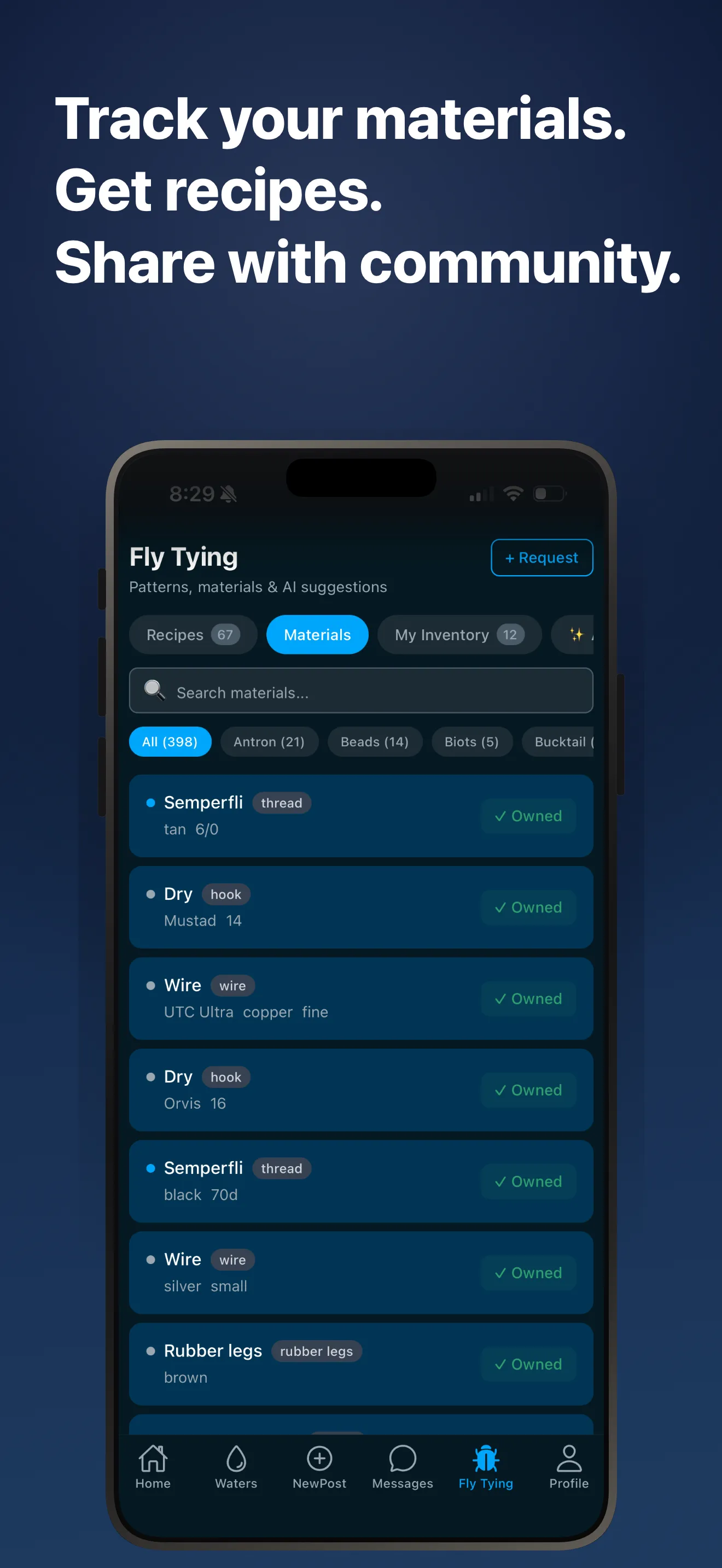 Track materials and get recipes