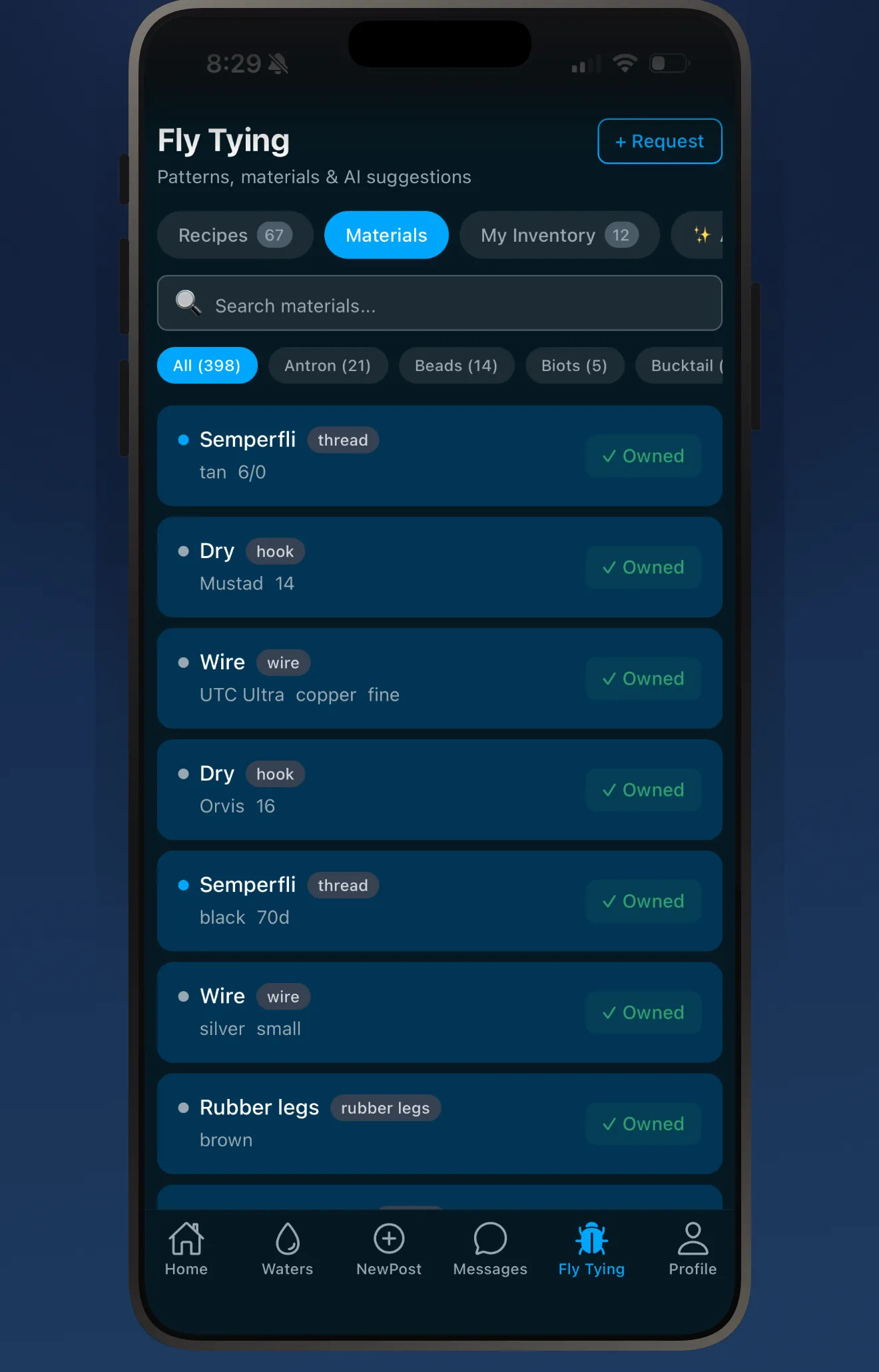 Fishbums fly tying materials inventory screen