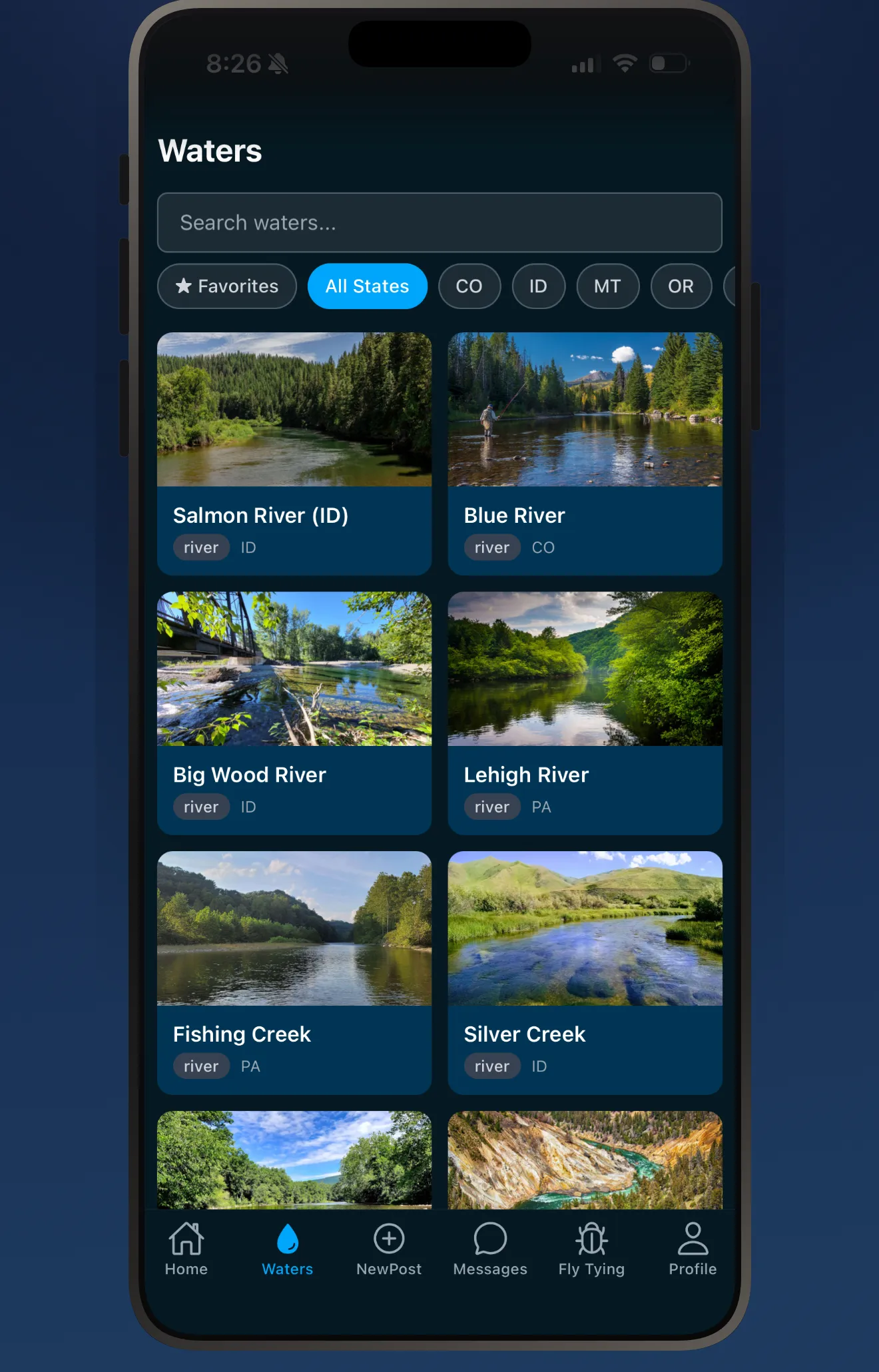Fishbums waters browse screen with river cards